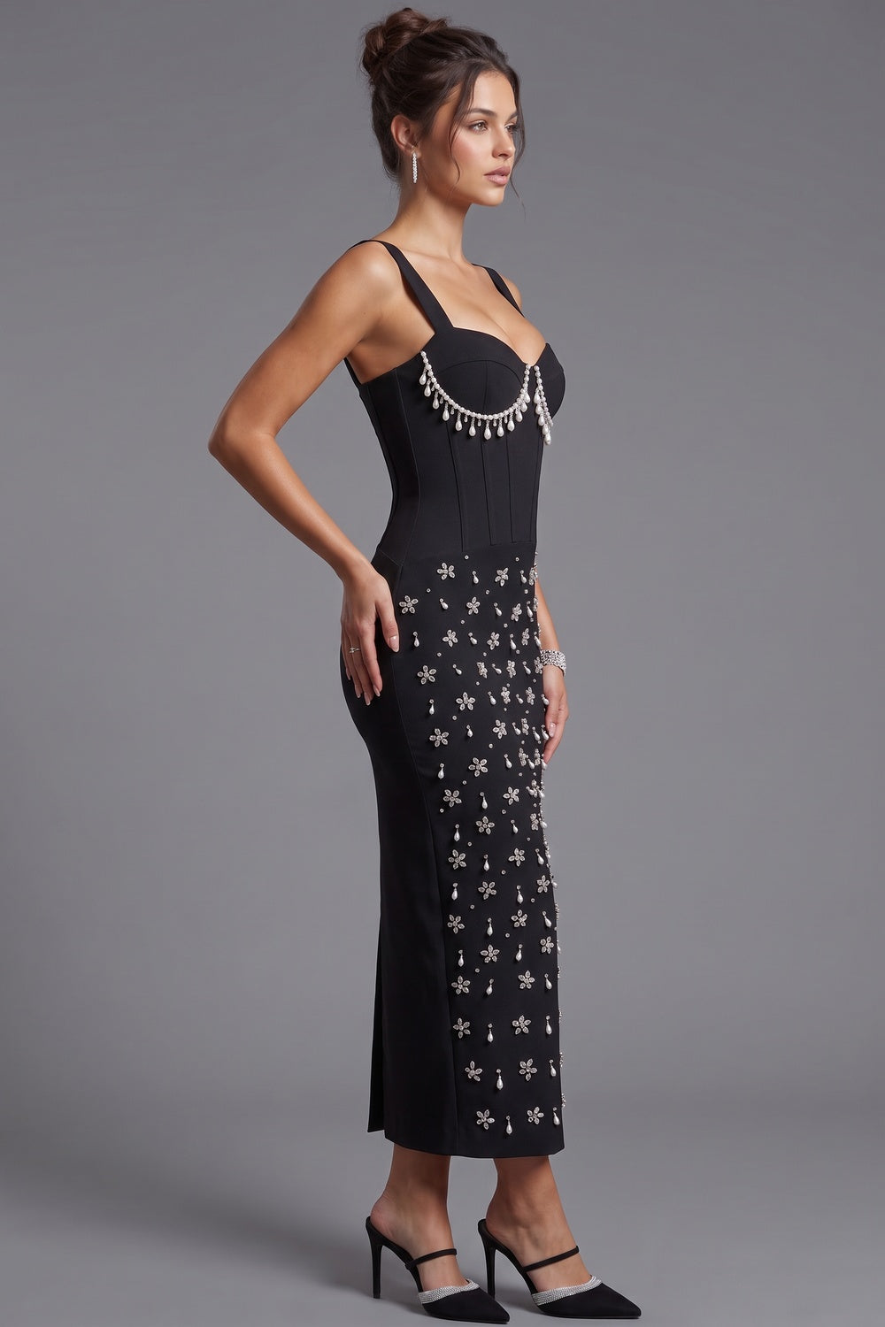 Black Sheath Midi Dress with Pearl and Crystal Fringe Flowering Girl