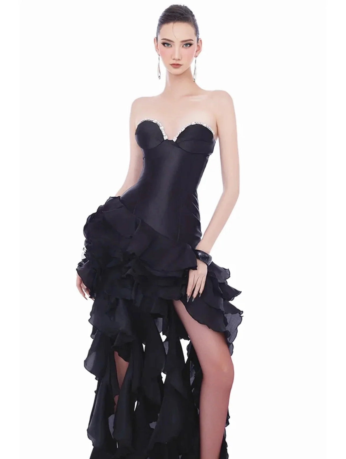 Sabrina Ruffle Crystal Strapless Midi Dress In Black Flowering Girl
