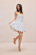 White Black Polka Dot Halter Square Neck Bubble Mini Dress Flowering Girl