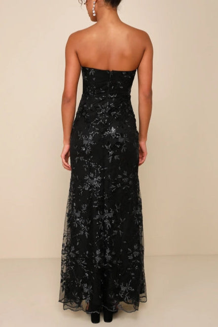 Sequin Print Strapless Bustier Maxi Dress In Black Flowering Girl