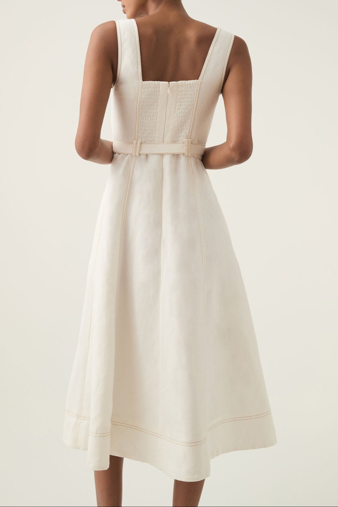 Sweetheart Neckline Belted Midi Dress In Ivory Flowering Girl