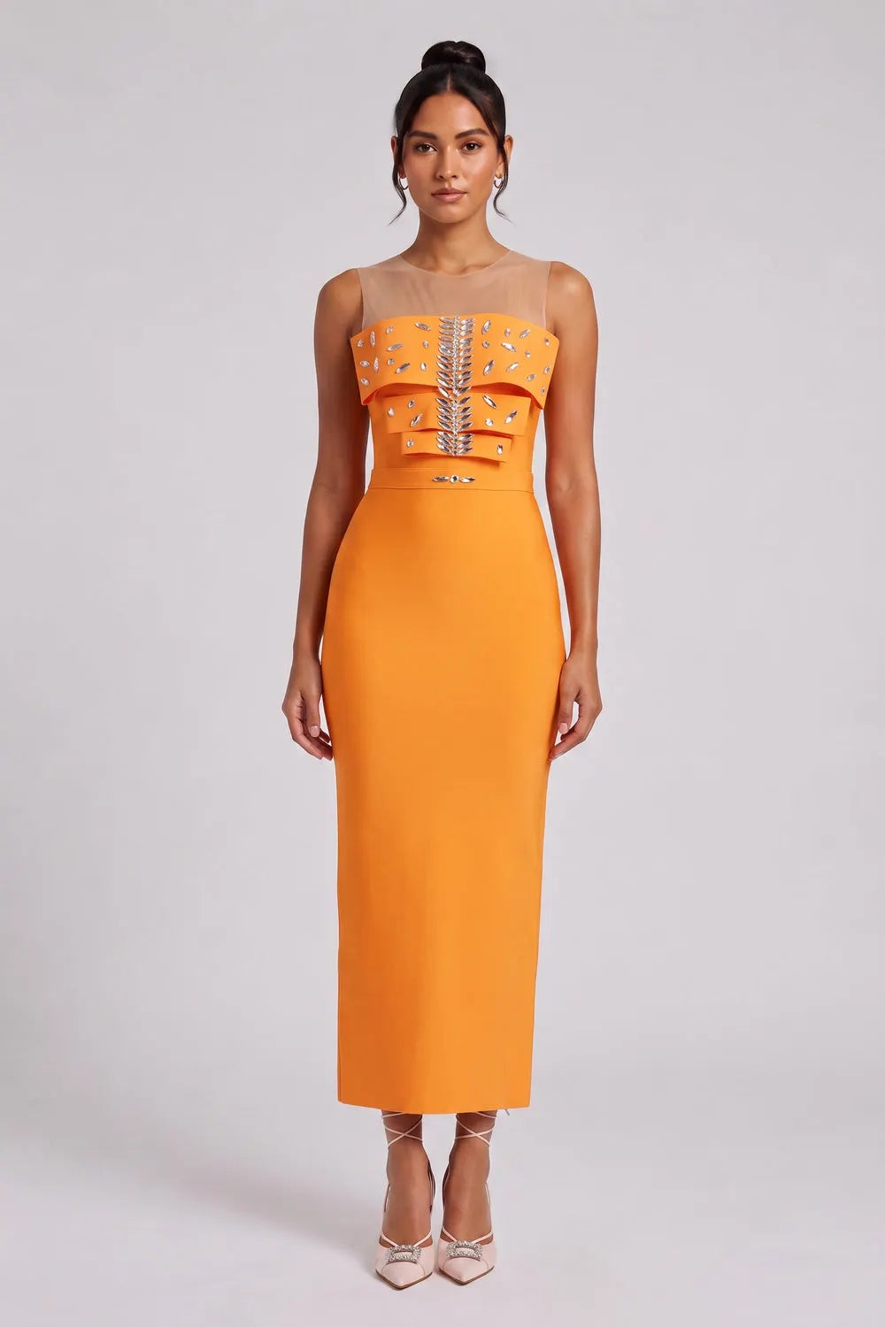 Orange Ruffle Embellished Midi Dress Flowering Girl