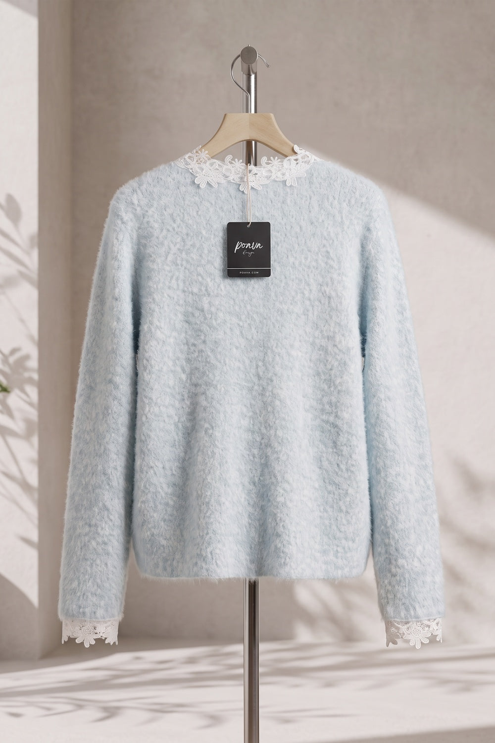 Pale Ice Blue Mohair-Blend Knit Boxy, Slightly Cropped Cardigan Flowering Girl