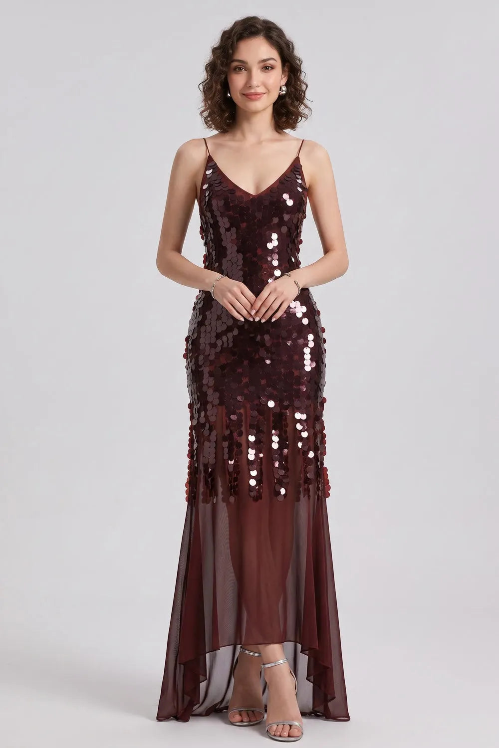 Burgundy Sequined Mesh Sheath with Flared Sheer Lower Skirt Evening Dress Flowering Girl