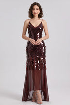 Burgundy Sequined Mesh Sheath with Flared Sheer Lower Skirt Evening Dress Flowering Girl