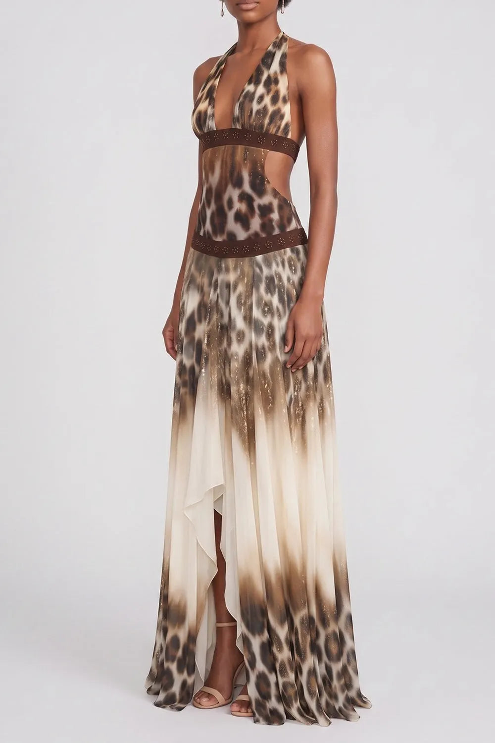 Halter Deep V Leopard Print Beaded Waist Split Maxi Dress Flowering Girl