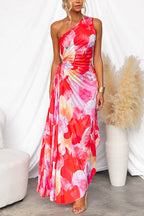 One Shoulder Sleeveless Print Asymmetric Maxi Pleated Dress Flowering Girl