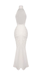 Kataleya White Halter Ruched Maxi Dress Flowering Girl