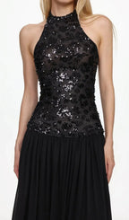 Encho Halter Ruched Mesh Sequin Maxi Dress Flowering Girl