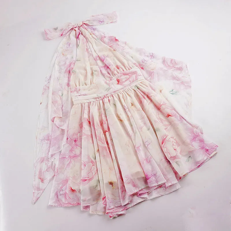 Murray Floral Print Halter Backless Mini Dress - Pink Flowering Girl
