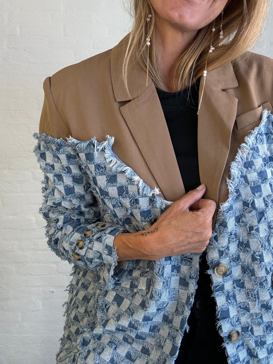 two-tone Denim Checks Blazer in kahki Flowering Girl