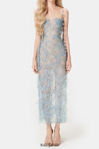 BLUE BEADED LACE PENCIL MIDI DRESS Flowering Girl