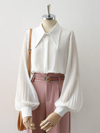 Oversized Point Collar Mixed Fabric Pleated Lantern Sleeve Satin Blouse Flowering Girl