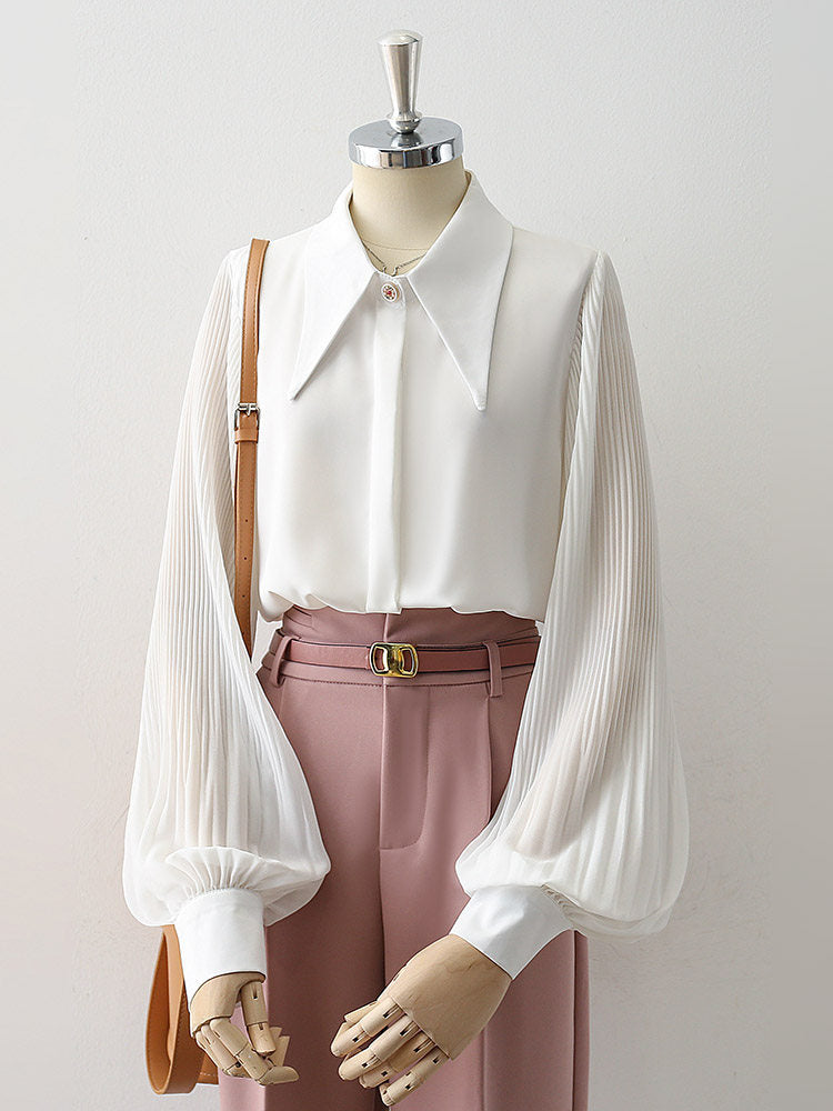 Oversized Point Collar Mixed Fabric Pleated Lantern Sleeve Satin Blouse Flowering Girl