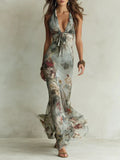 Retro Floral Print Halter Neck Fishtail Maxi Dress Flowering Girl