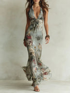 Retro Floral Print Halter Neck Fishtail Maxi Dress Flowering Girl