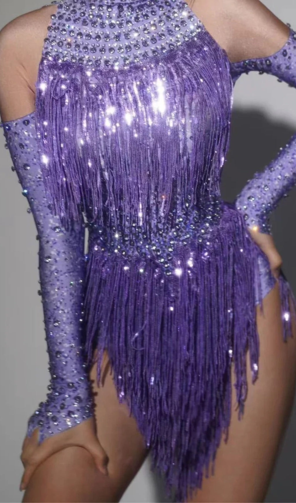 Lakendra Long Sleeve Crystal Fringe Bodysuit In Purple Flowering Girl
