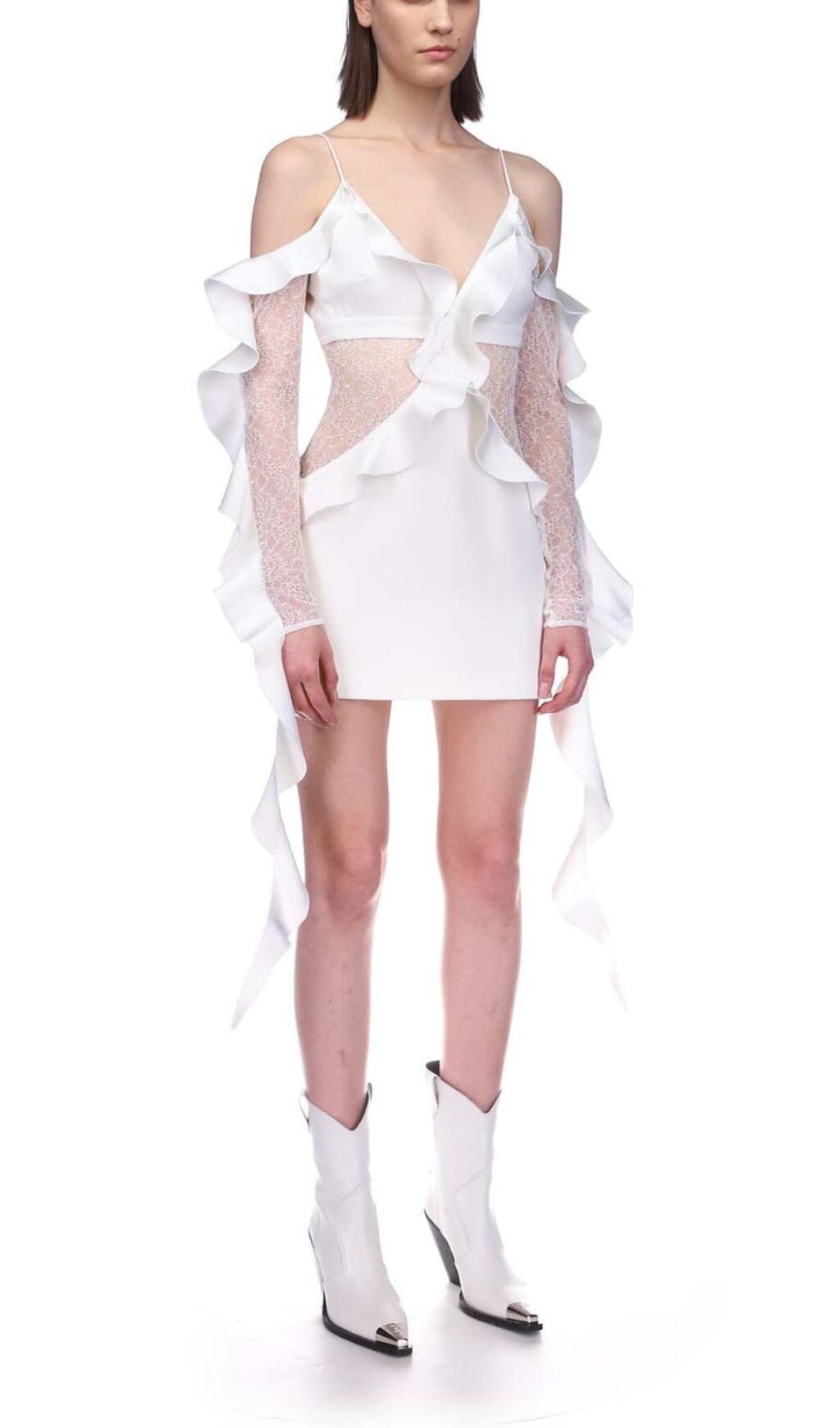 Ruffled Lace Mini Dress In White Flowering Girl