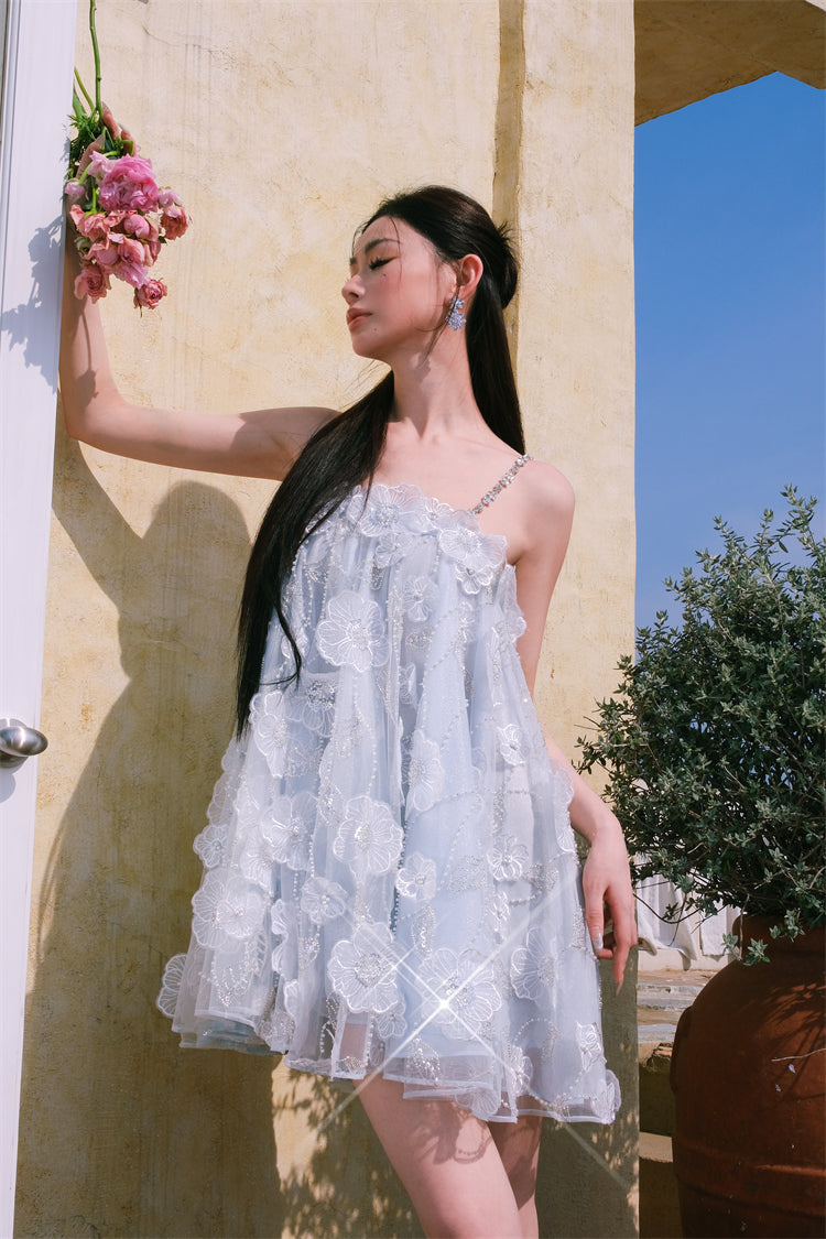Tutu Light Blue Sleeveless Flower Diamond Short Doll Dress Flowering Girl