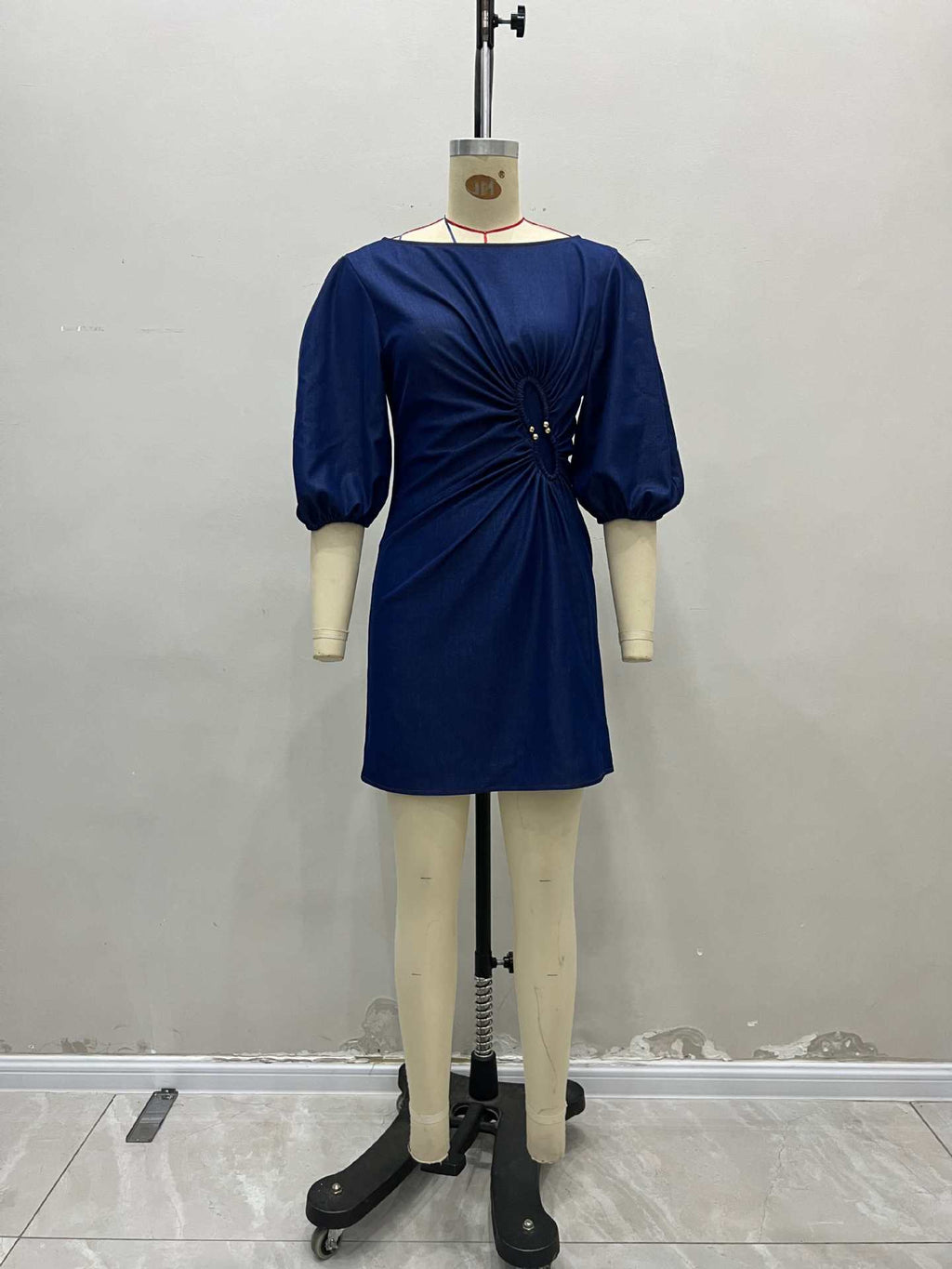 Dark Denim Boat Neck Puff Sleeve Side Ruched Gold Button Mini Dress Flowering Girl