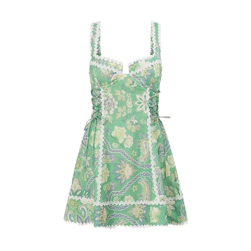 Green Linen Sleeveless Camisole Lace Dress Flowering Girl
