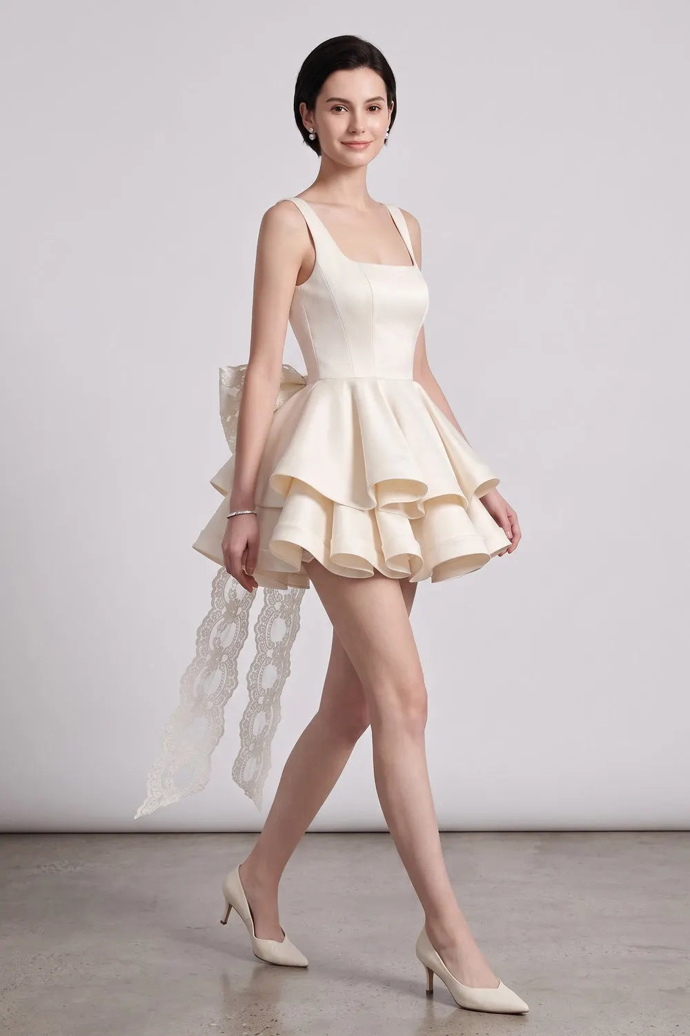 Cream Structured Satin Fit-and-Flare Mini Dress with Tiered Ruffles and Back Bow Flowering Girl