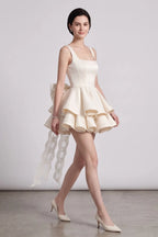 Cream Structured Satin Fit-and-Flare Mini Dress with Tiered Ruffles and Back Bow Flowering Girl