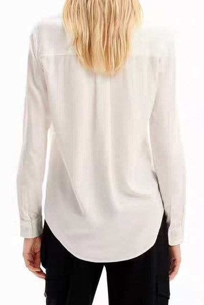 White Butterfly Print Button-Down Shirt With Striped Cuffs Flowering Girl