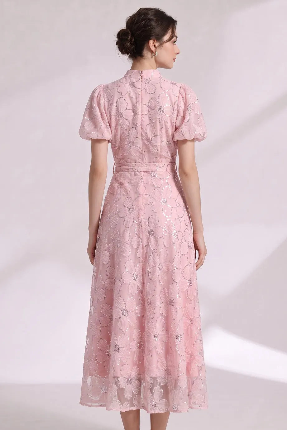 Light Pink Sheer Organza A-Line Midi Dress with Floral Applique Flowering Girl