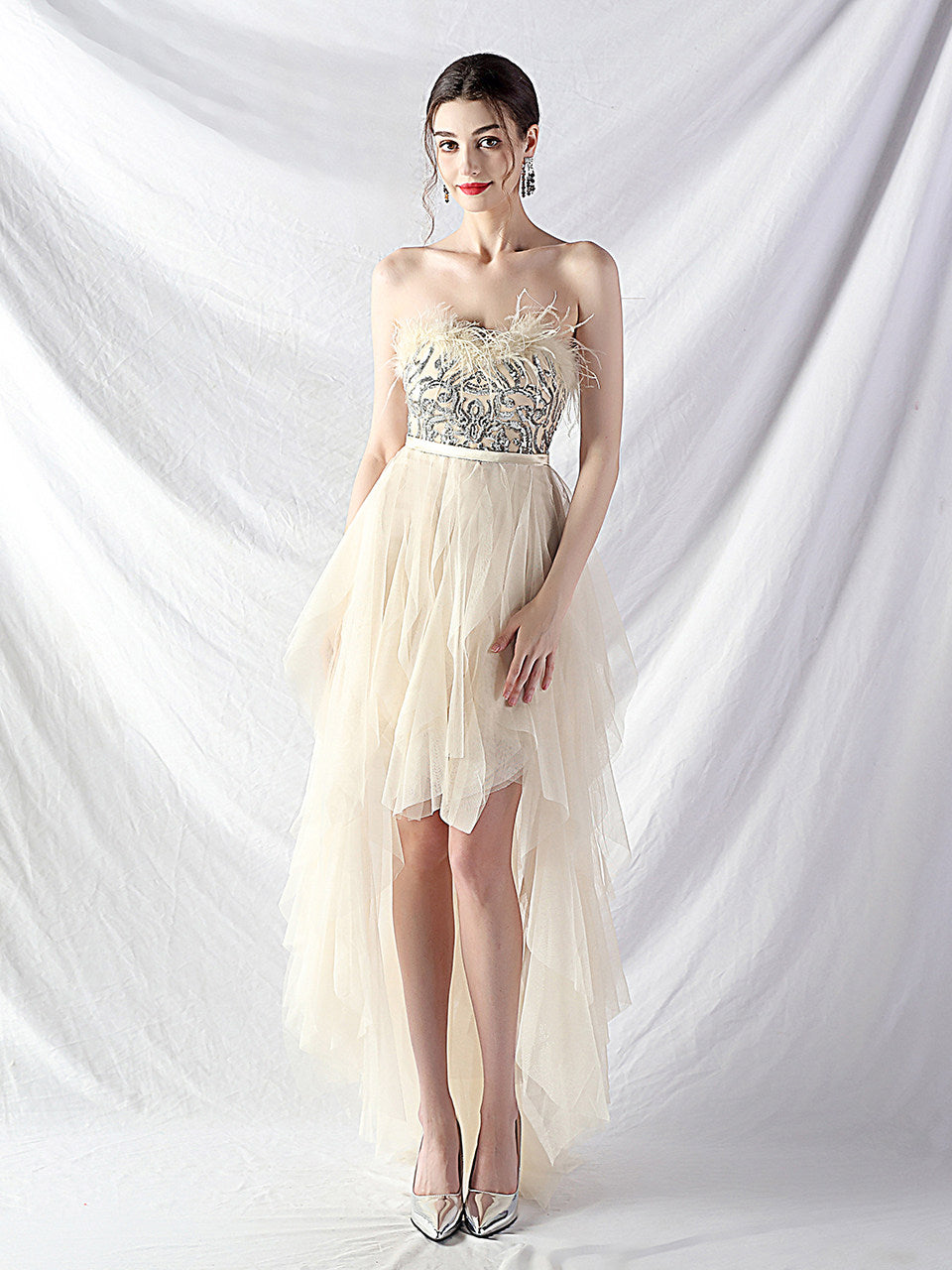 Strapless Feather Tulle Midi Dress Flowering Girl