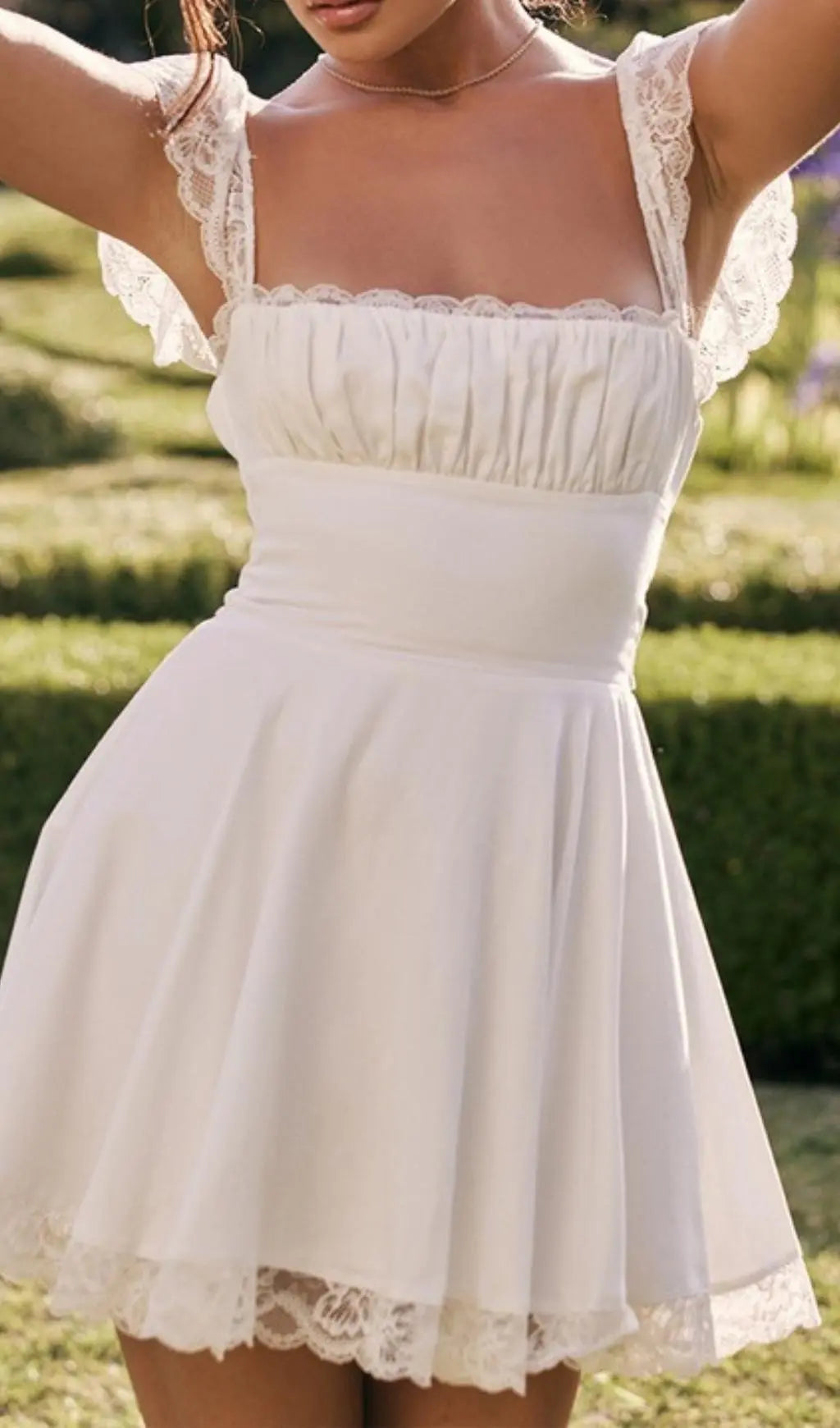 Satin Lace Mini Dress In White Flowering Girl