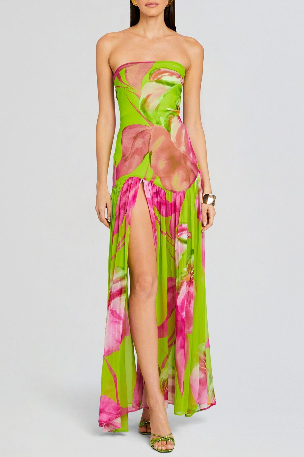 Shmaka Floral Print Strapless Slit Maxi Dress - Green Flowering Girl