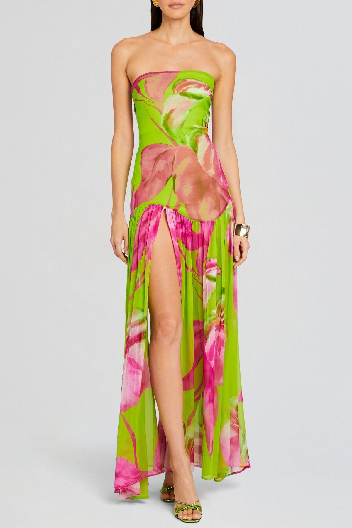 Shmaka Floral Print Strapless Slit Maxi Dress - Green Flowering Girl