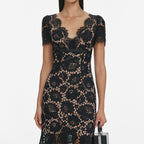 Ashley Floral Lace Hollow Midi Dress In Black Flowering Girl