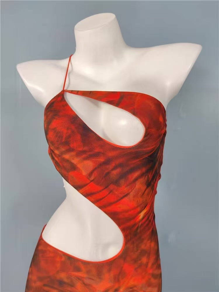 Cut Out Printed Maxi Dress Orange Flowering Girl