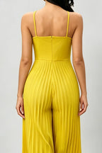 Bright Yellow 3D Floral Halter Pleated Wide Leg Jumpsuit Flowering Girl