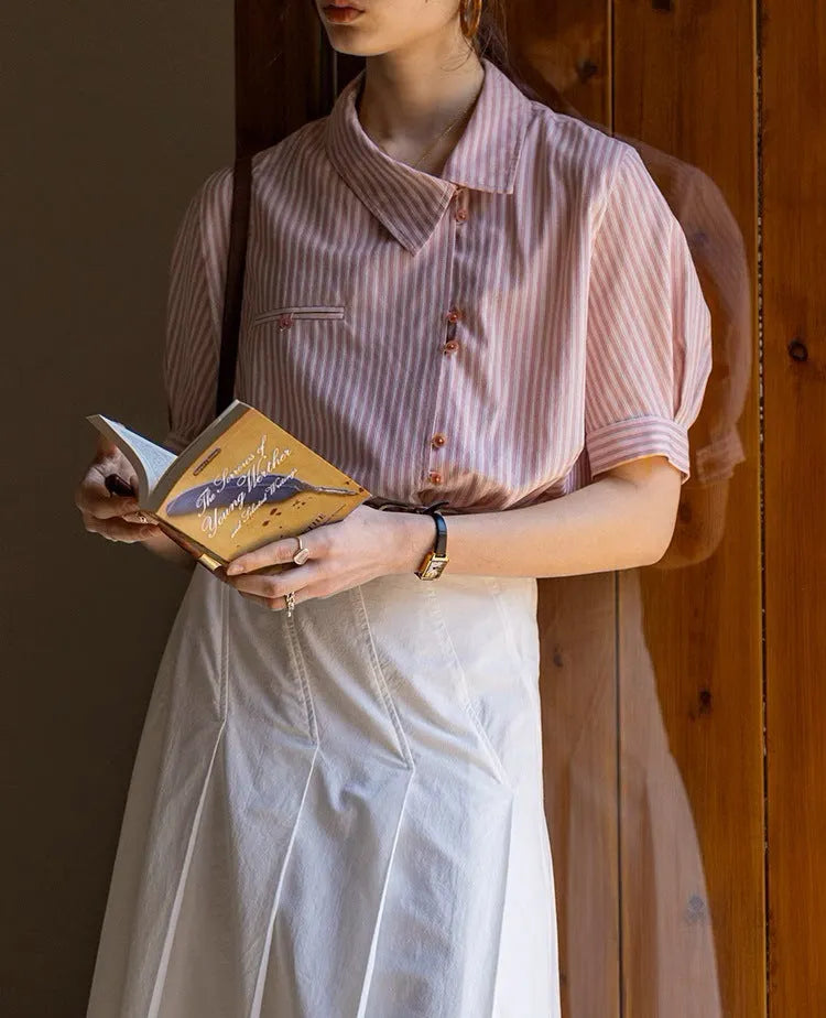Blend Stripe Placket Collar Short Sleeve Design Shirt Flowering Girl