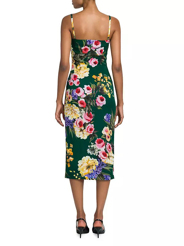 Floral Print Sheath Midi Dress In Green Flowering Girl