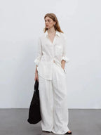 White V-Neck Linen Long-Sleeved Shirt Flowering Girl
