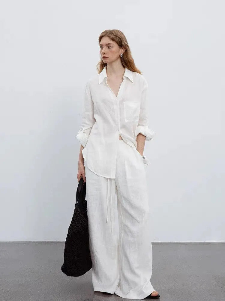 White V-Neck Linen Long-Sleeved Shirt Flowering Girl