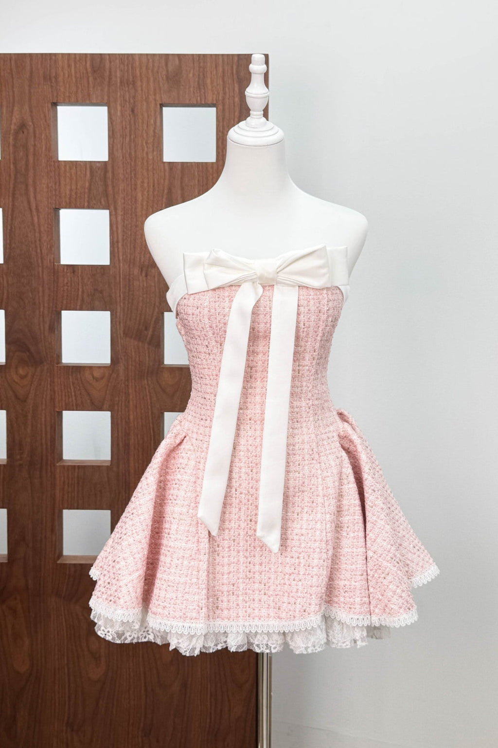Bow Woven Lace Tube Top Mini Dress In Pink Flowering Girl