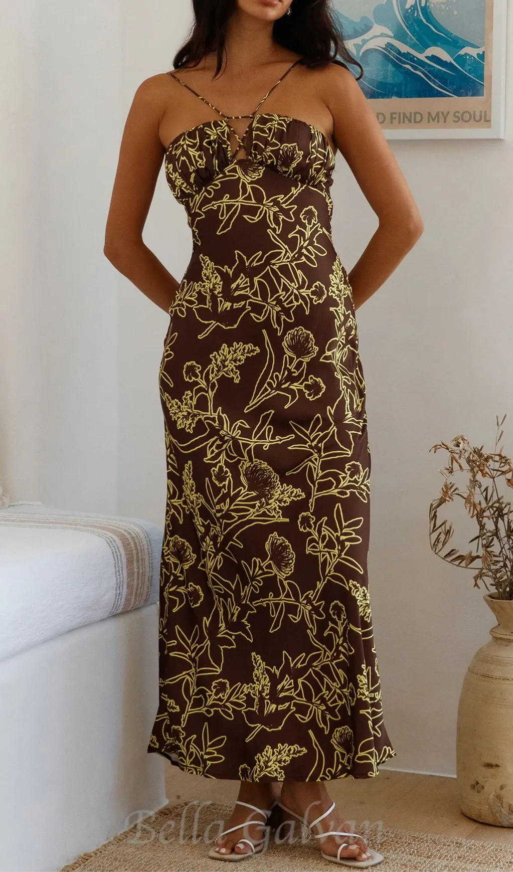 print satin maxi dress in brown Flowering Girl