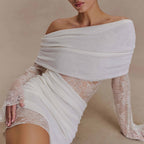 White Lace Strapless Spliced Knitted Mini Dress Flowering Girl
