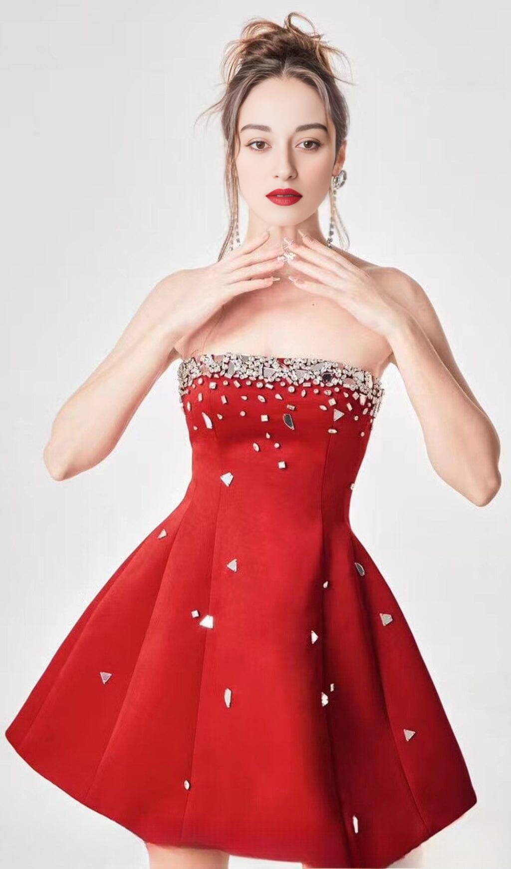 Red Crystal-Embellished Strapless Mini Dress Flowering Girl