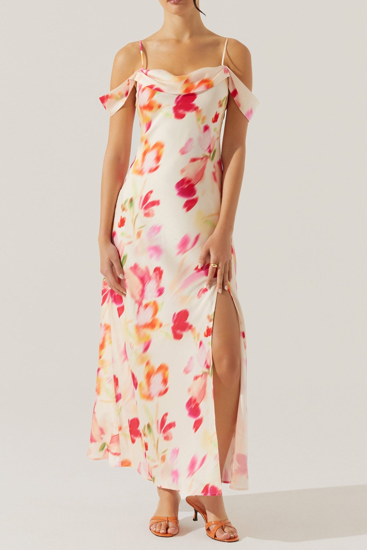 Satin Slit Cold Shoulder Maxi Dress In Pink Watercolor Flowering Girl