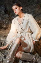 Beige V-Neck Long Sleeve Diamond Stud Coat Flowering Girl