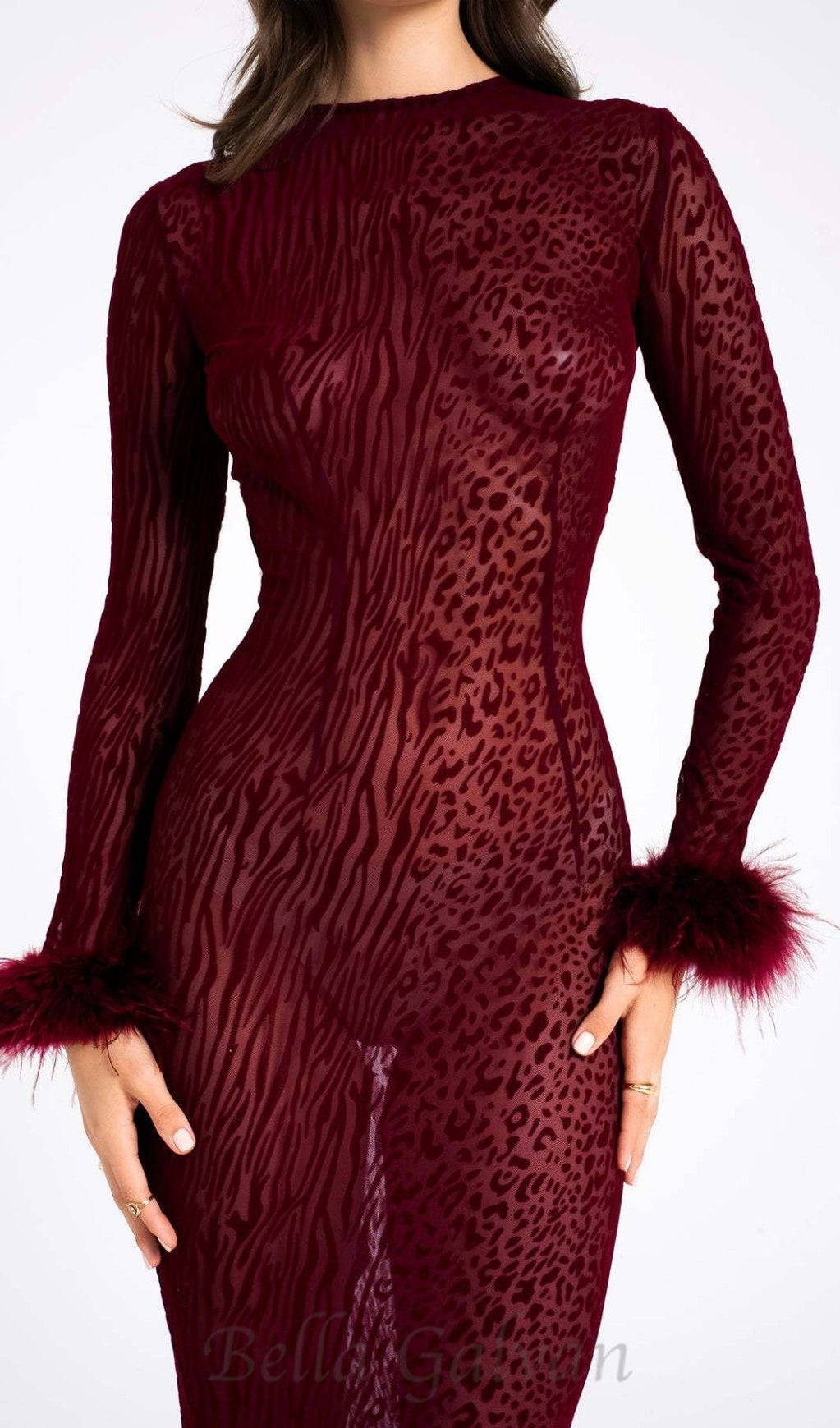 burgundy mesh feather maxi dress Flowering Girl