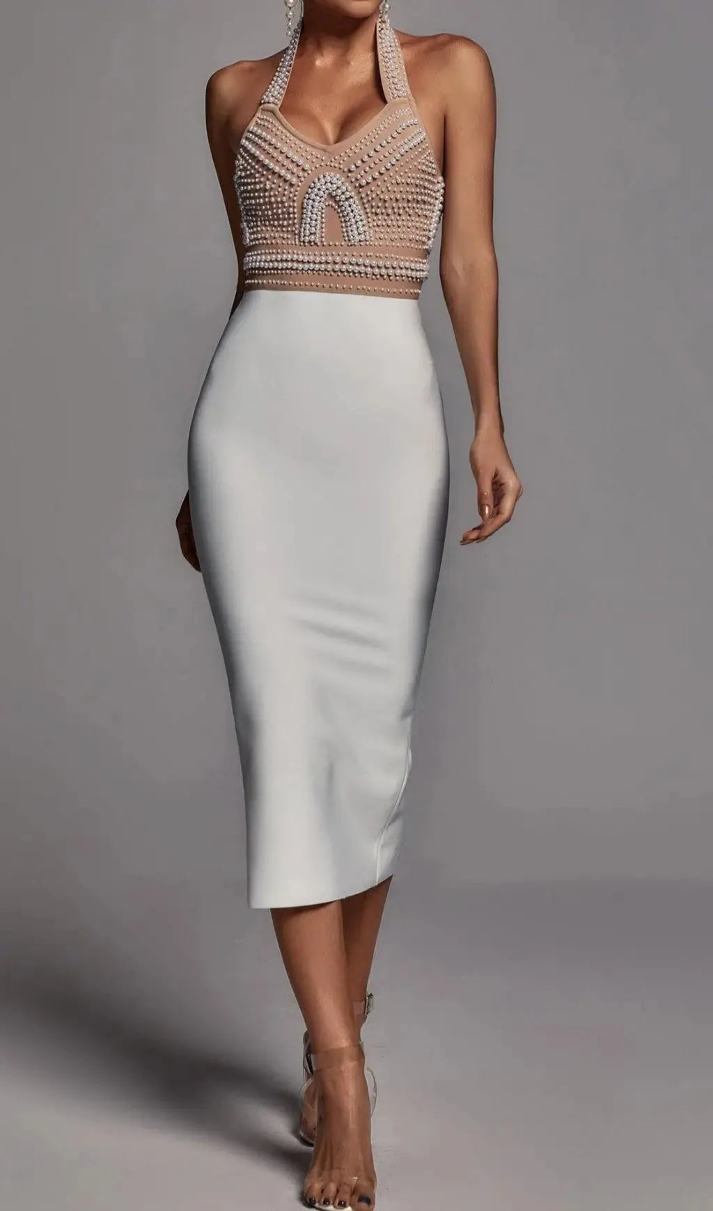 Beige Pearl Halter Bandage Midi Dress Flowering Girl