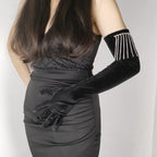 Velvet Rhinestones Long Gloves With Fringe Flowering Girl