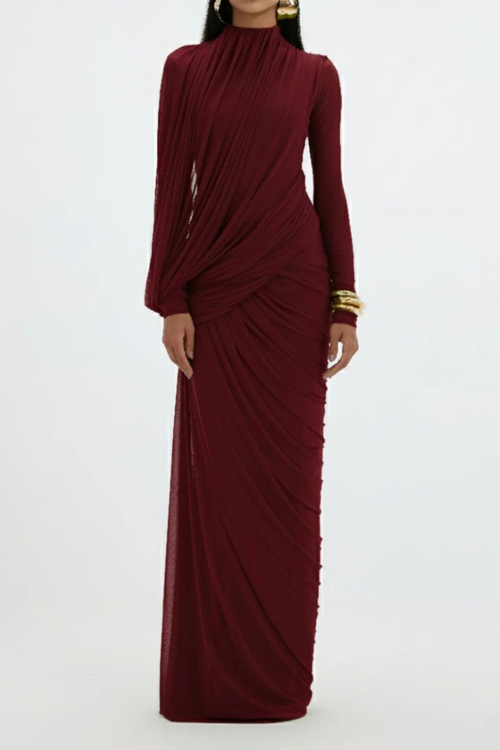 Liz High Neck Asymmetric Drape Ruched Maxi Dress In Burgundy Flowering Girl
